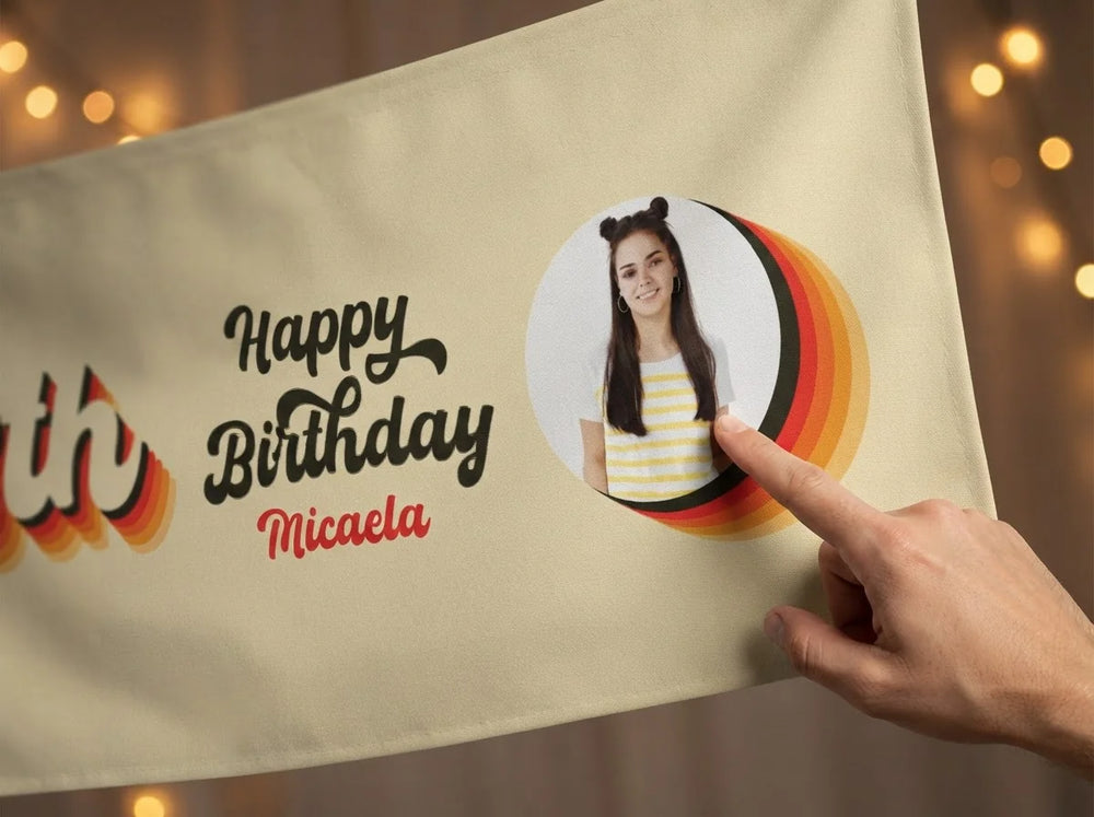 Close-up of the personalised name and photo printed on the Retro Colors Theme Birthday Party Banner