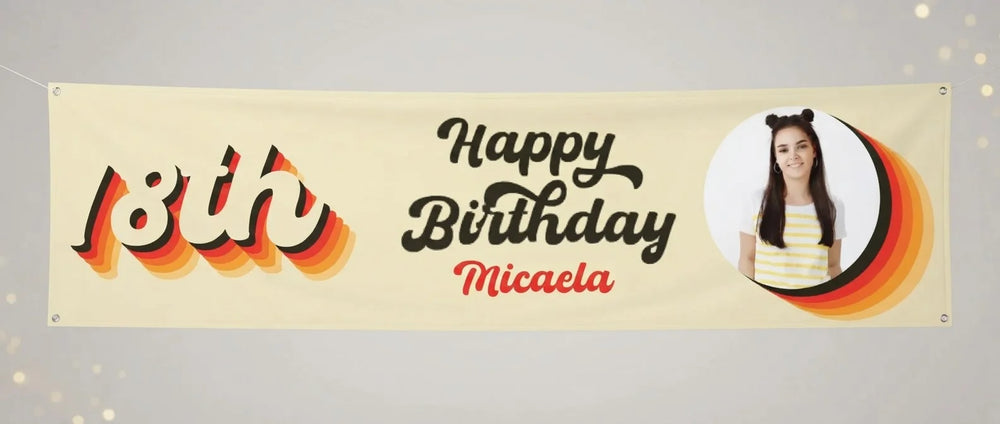 Personalised Retro Colors Theme Birthday Party Banner displayed against a plain studio background