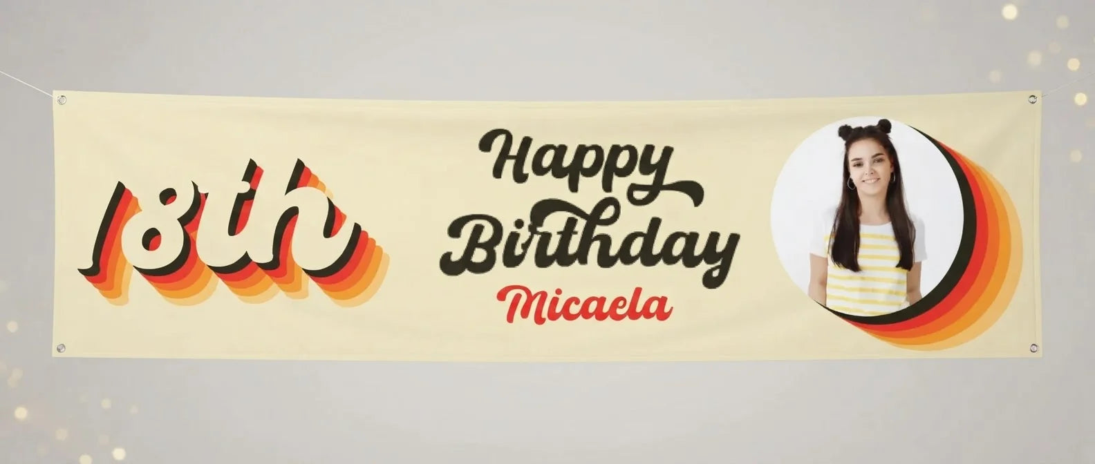 Personalised Retro Colors Theme Birthday Party Banner displayed against a plain studio background