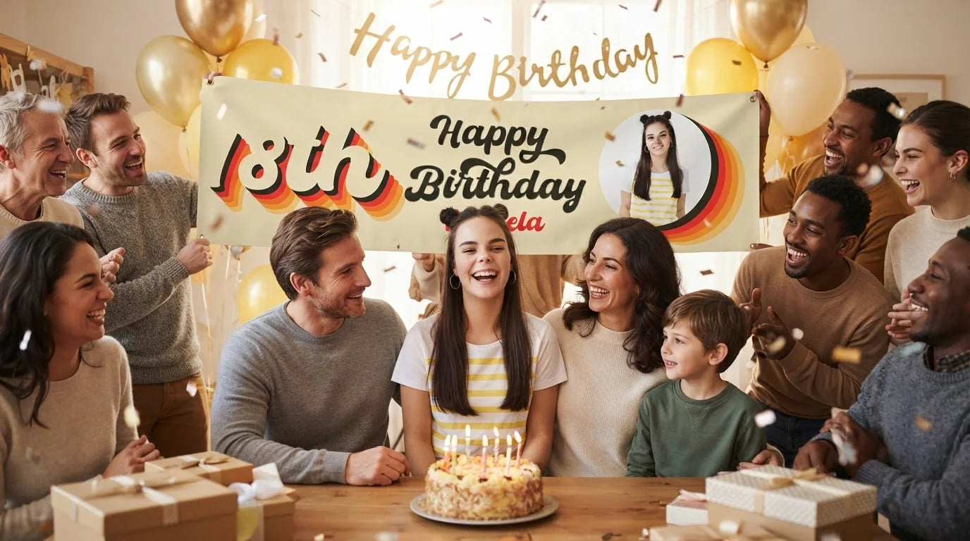Friends and family celebrating with the personalised Retro Colors Theme Birthday Party Banner