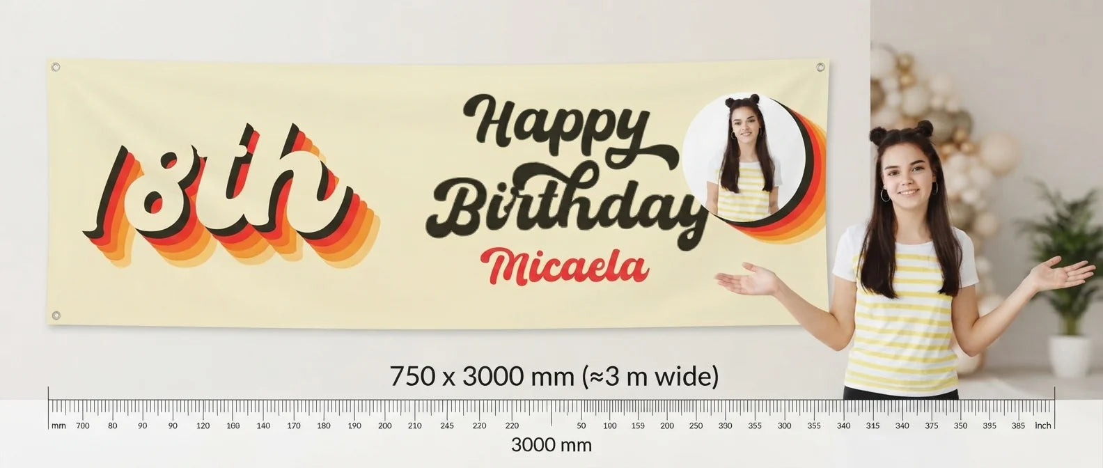 Person standing beside the Retro Colors Theme Birthday Party Banner for scale, with size guide showing 750 x 3000 mm