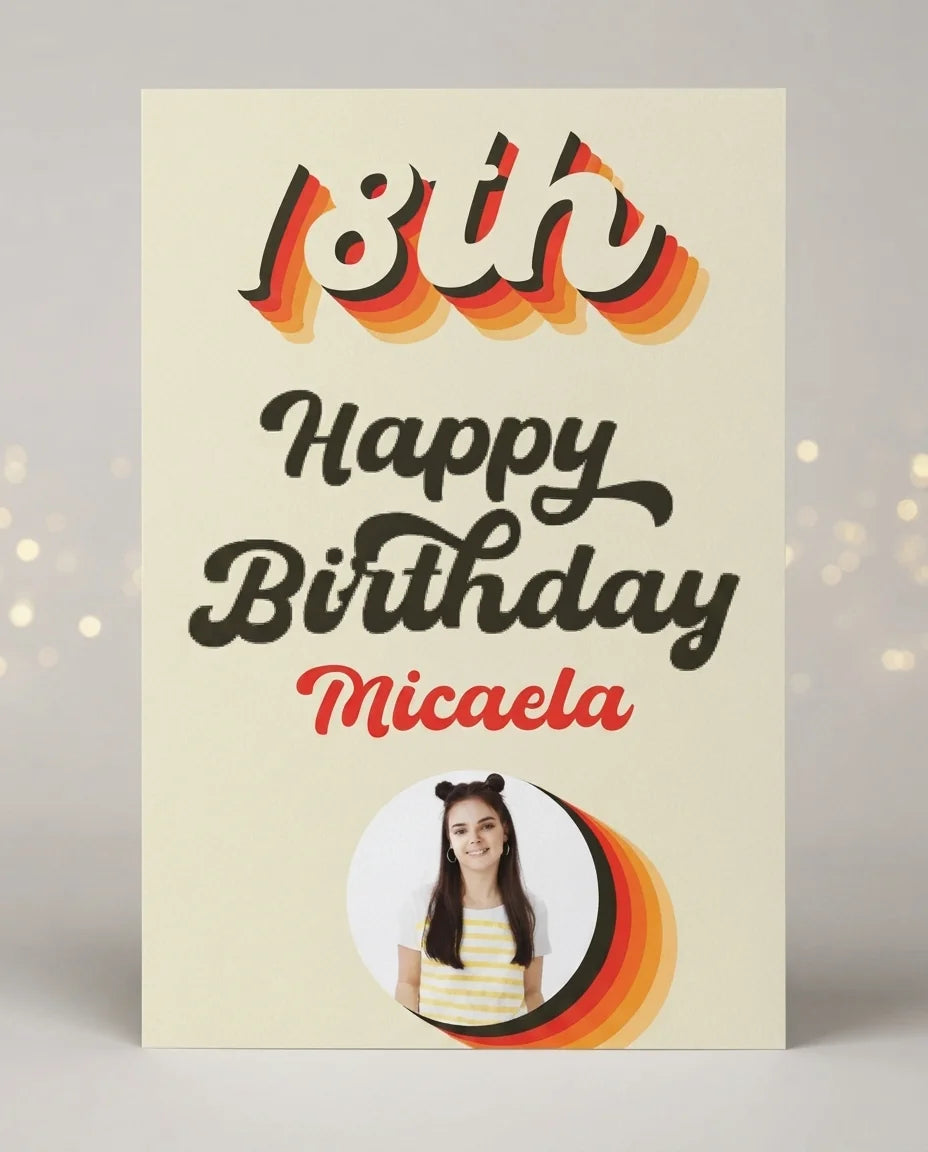 Personalised Retro Colors Theme Birthday Party Mega Card displayed against a plain studio background