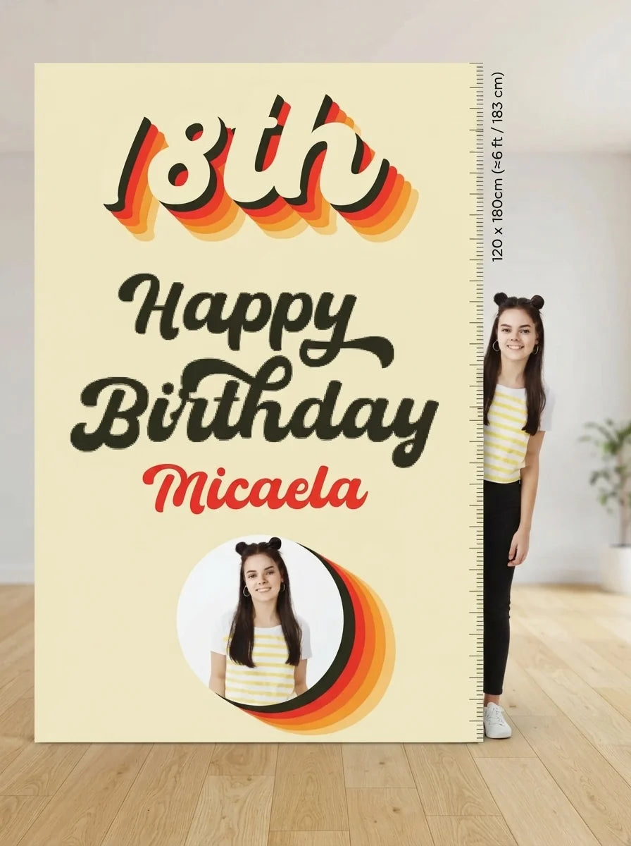 Person standing beside the Retro Colors Theme Birthday Party Mega Card for scale in a size guide