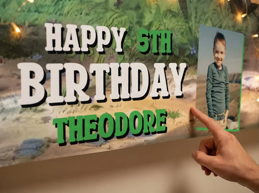 Close-up of the personalised name and photo printed on the Robinhood Birthday Banner