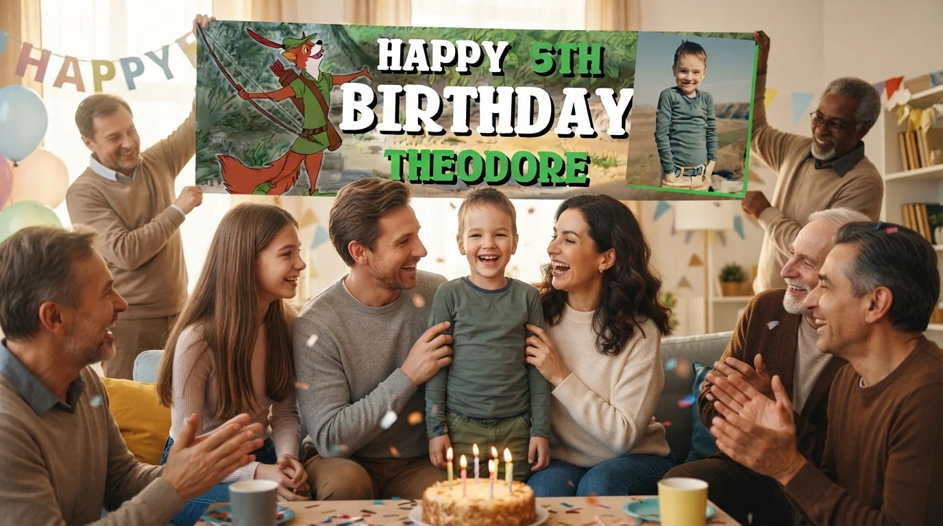 Friends and family celebrating with the personalised Robinhood Birthday Banner