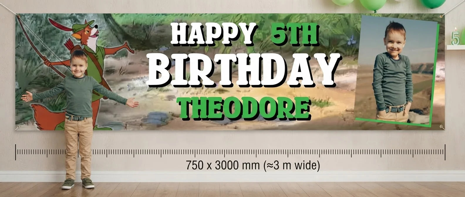 Person standing beside the Robinhood Birthday Banner for scale, with size guide showing 750 x 3000 mm