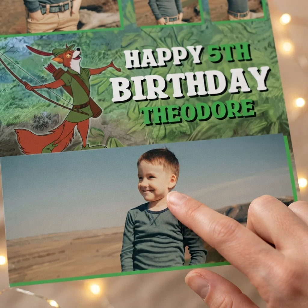 Close-up of the personalised name and photo printed on the Robinhood Mega Card