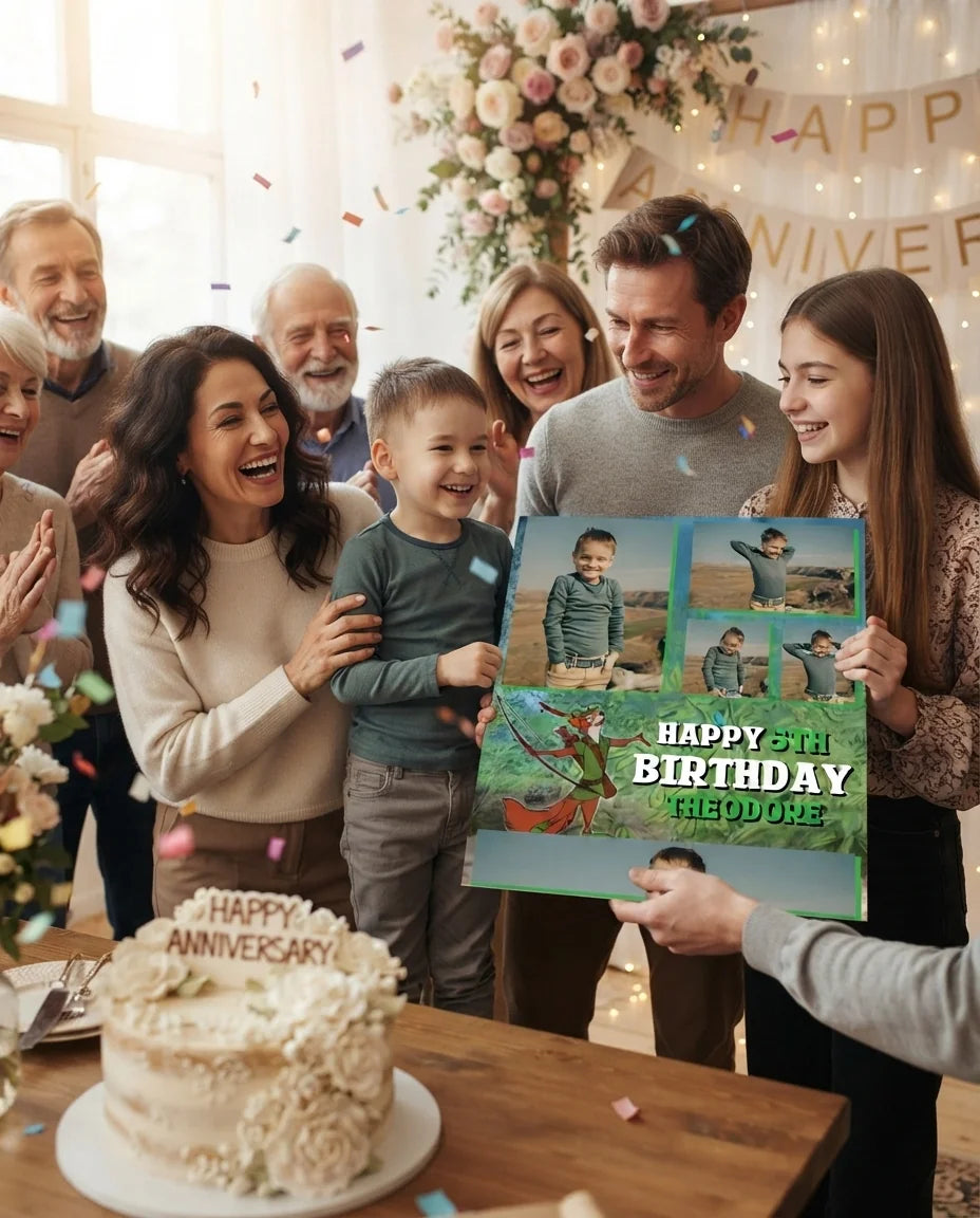 Friends and family celebrating with the personalised Robinhood Mega Card
