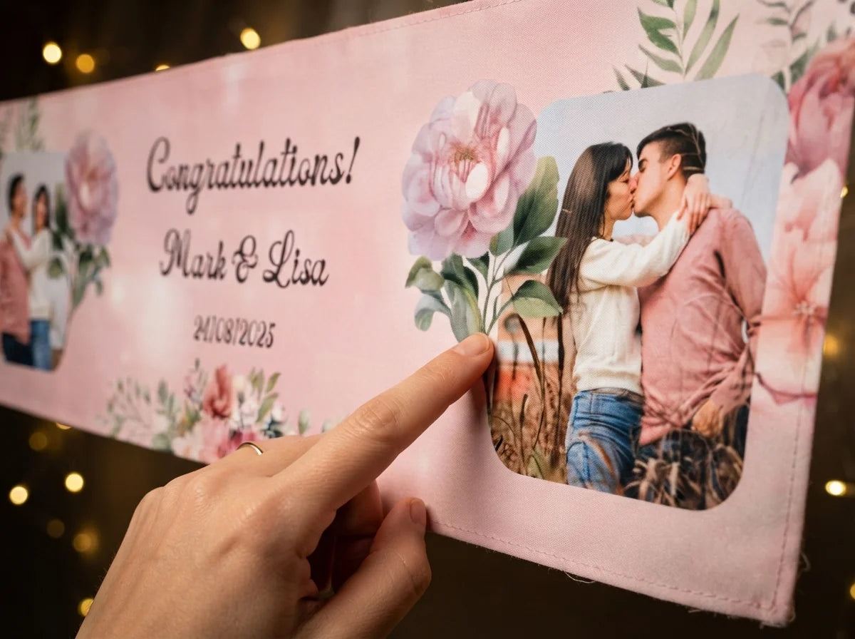Close-up of the personalised name and photo printed on the Rose Gold and Blush Pink Theme Wedding Banner