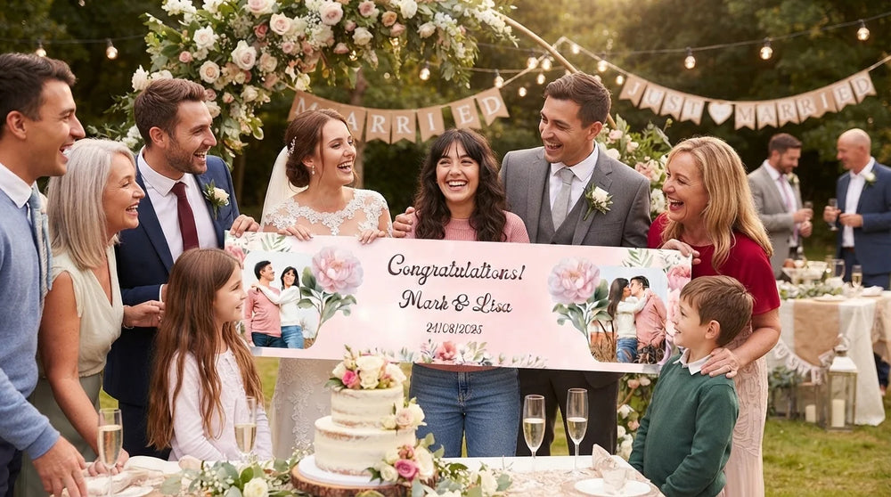 Friends and family celebrating with the personalised Rose Gold and Blush Pink Theme Wedding Banner