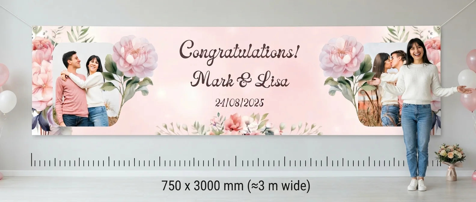 Person standing beside the Rose Gold and Blush Pink Theme Wedding Banner for scale, with size guide showing 750 x 3000 mm
