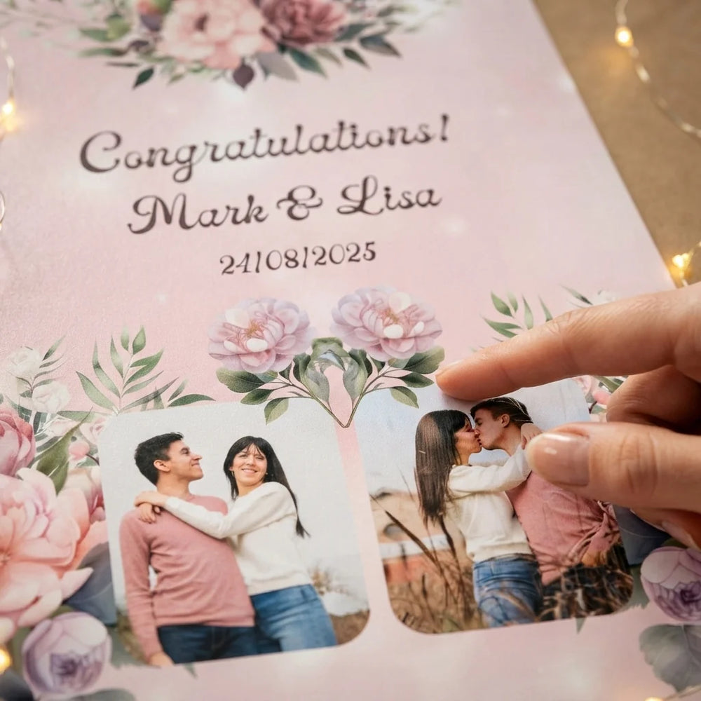 Close-up of the personalised name and photo printed on the Rose Gold and Blush Pink Theme Wedding Mega Card