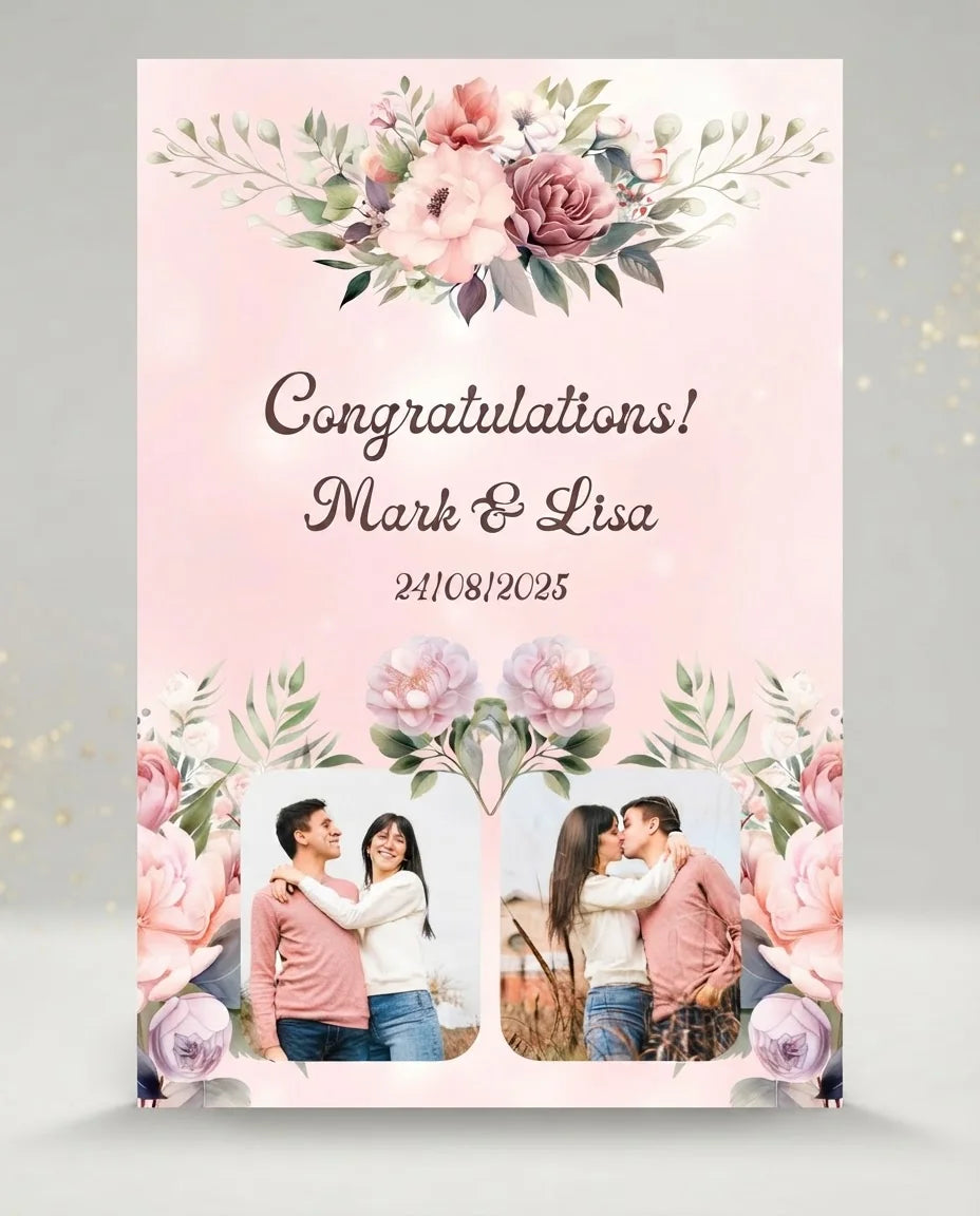 Personalised Rose Gold and Blush Pink Theme Wedding Mega Card displayed against a plain studio background