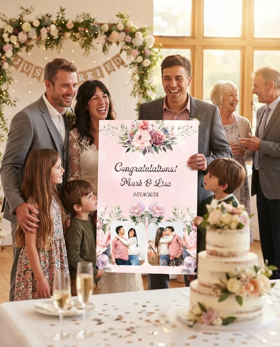 Friends and family celebrating with the personalised Rose Gold and Blush Pink Theme Wedding Mega Card