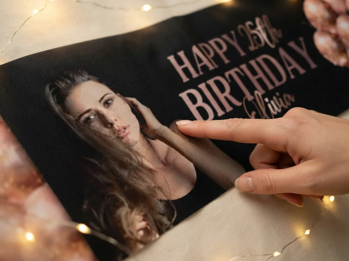 Close-up of the personalised name and photo printed on the Rose Gold Black Theme Birthday Party Banner