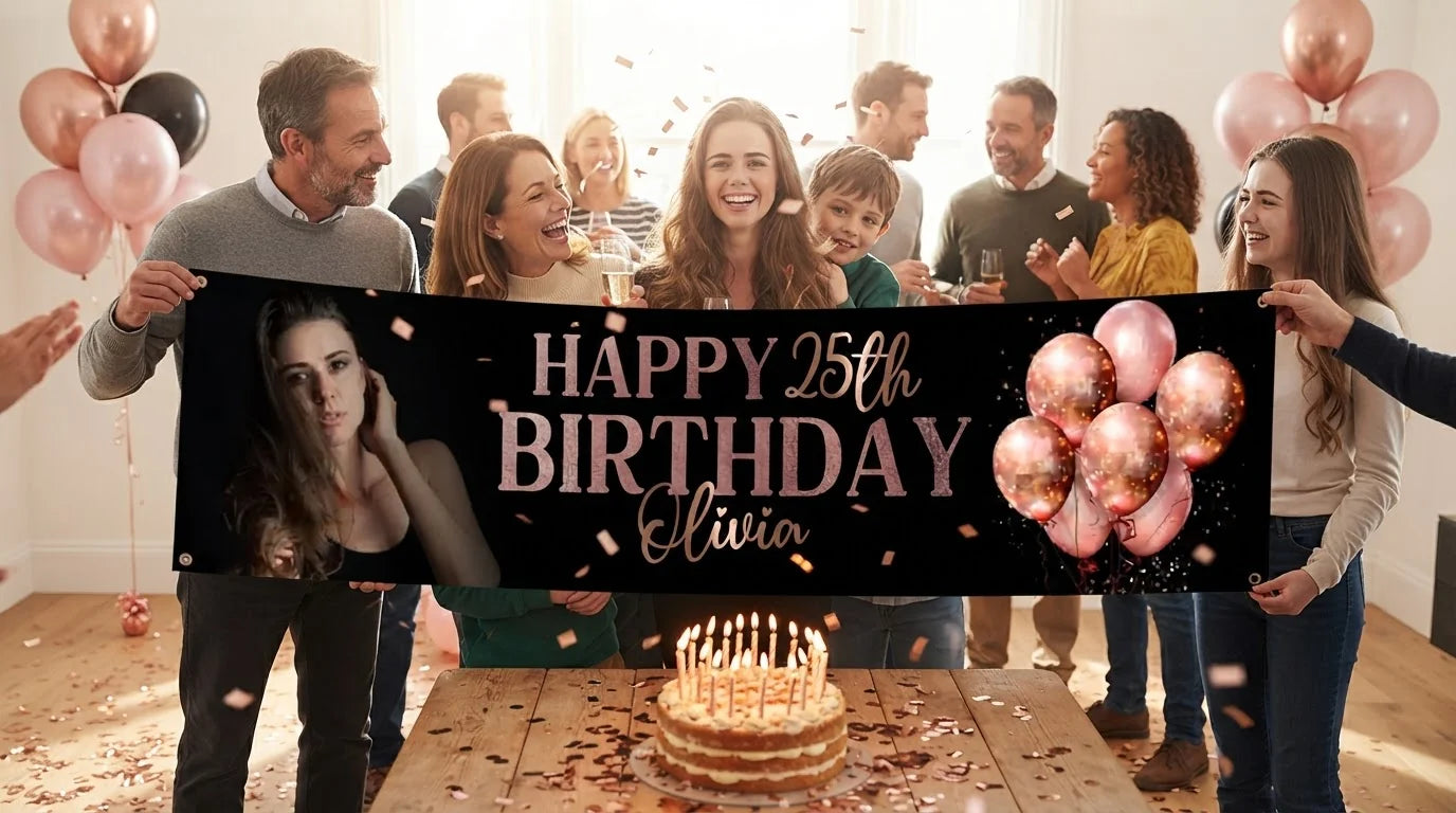 Friends and family celebrating with the personalised Rose Gold Black Theme Birthday Party Banner