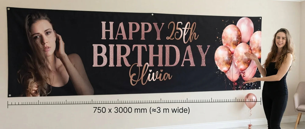 Person standing beside the Rose Gold Black Theme Birthday Party Banner for scale, with size guide showing 750 x 3000 mm