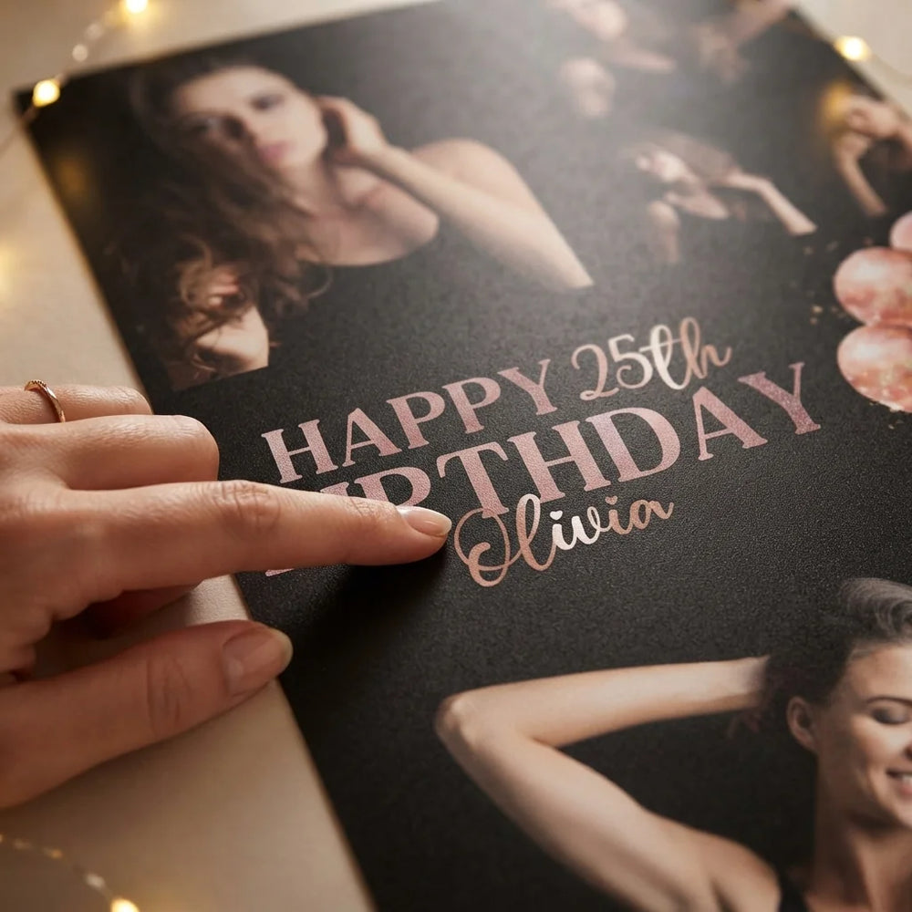 Close-up of the personalised name and photo printed on the Rose Gold Black Theme Birthday Party Mega Card