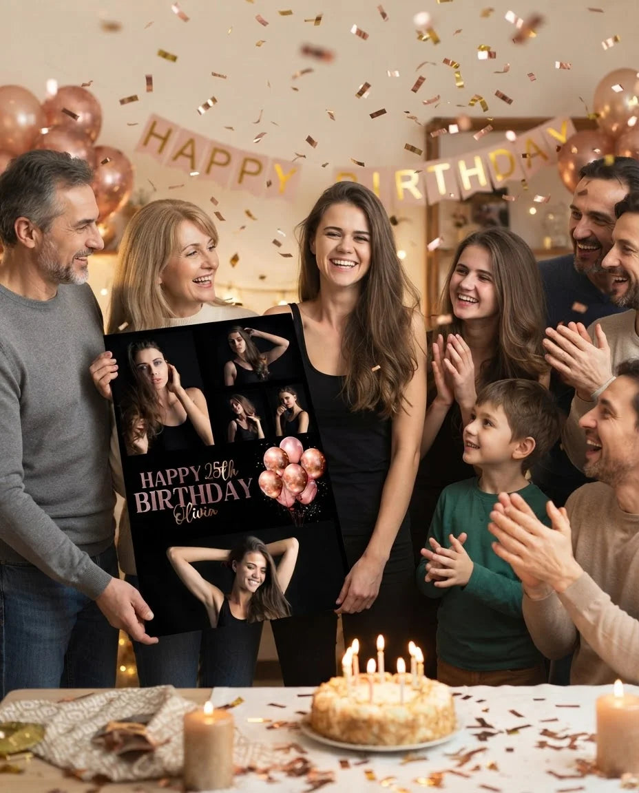Friends and family celebrating with the personalised Rose Gold Black Theme Birthday Party Mega Card