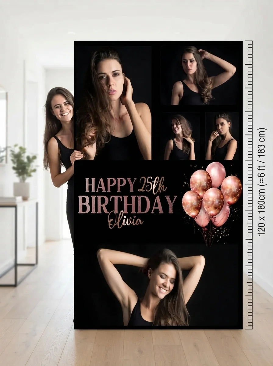 Person standing beside the Rose Gold Black Theme Birthday Party Mega Card for scale in a size guide
