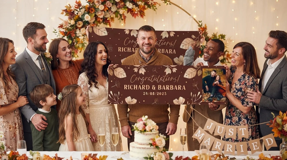 Friends and family celebrating with the personalised Rose Gold Leaves Foil Wedding Banner