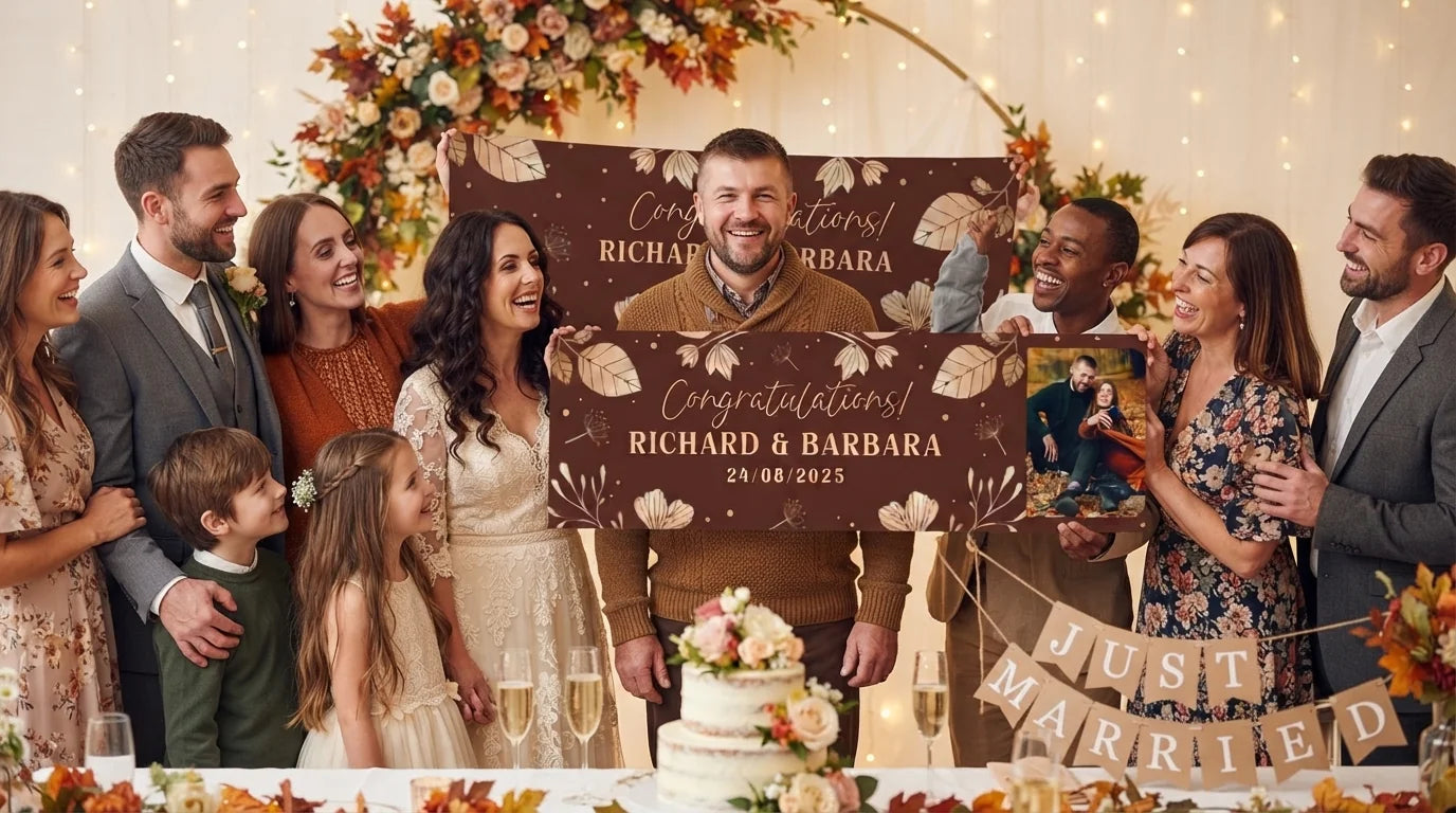 Friends and family celebrating with the personalised Rose Gold Leaves Foil Wedding Banner