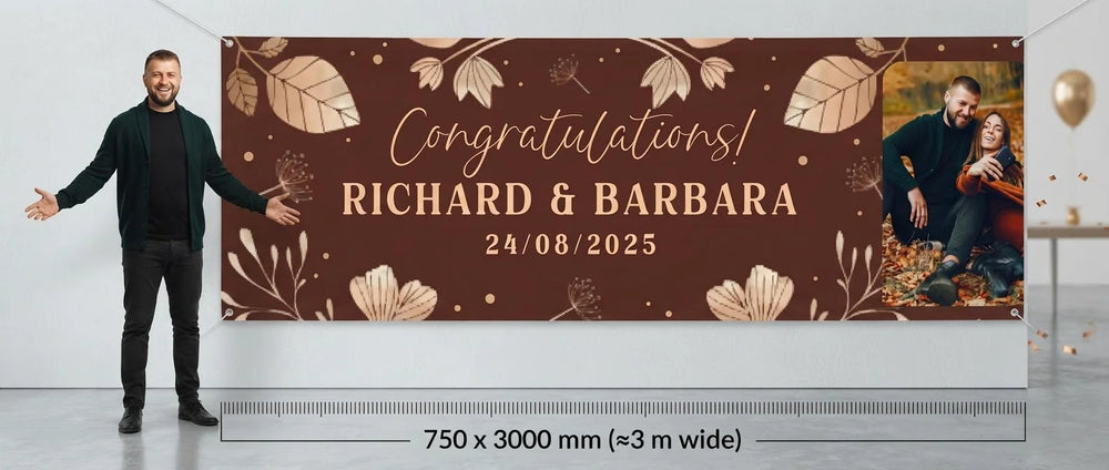 Person standing beside the Rose Gold Leaves Foil Wedding Banner for scale, with size guide showing 750 x 3000 mm