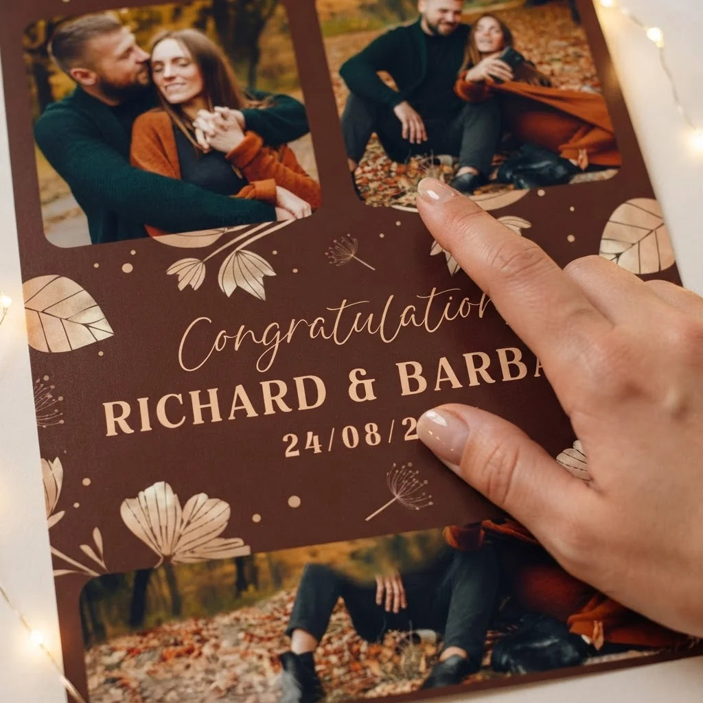 Close-up of the personalised name and photo printed on the Rose Gold Leaves Foil Wedding Mega Card