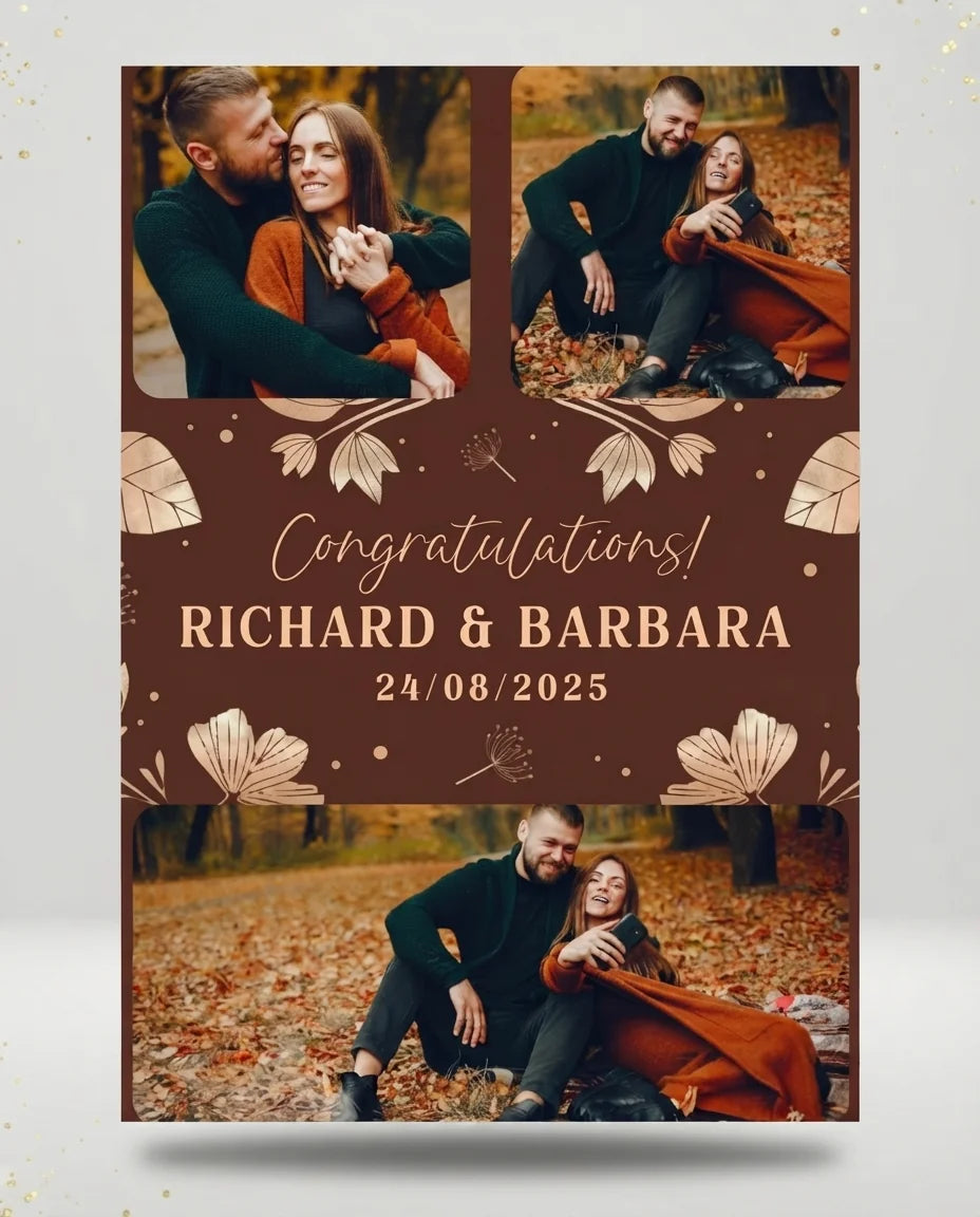 Personalised Rose Gold Leaves Foil Wedding Mega Card displayed against a plain studio background