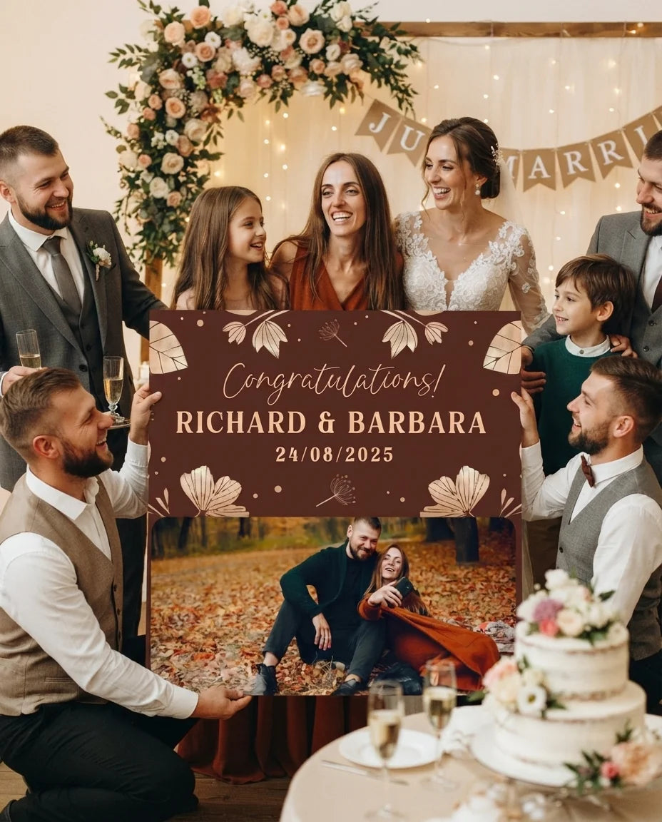 Friends and family celebrating with the personalised Rose Gold Leaves Foil Wedding Mega Card