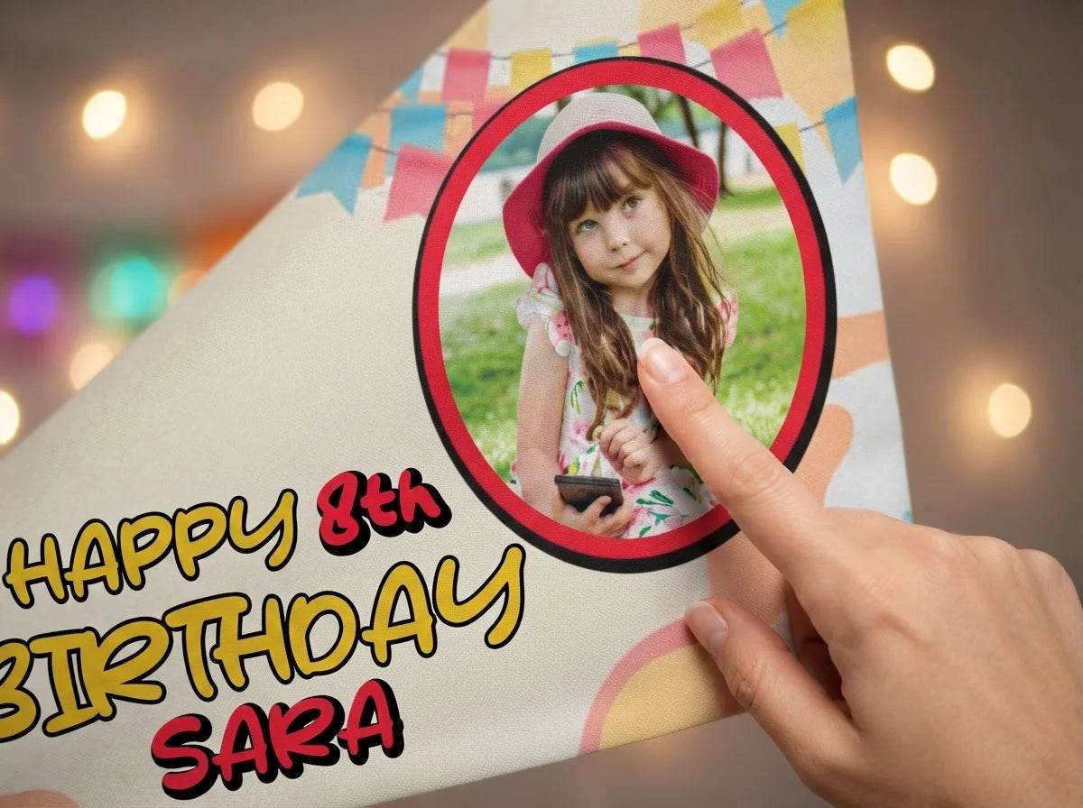 Close-up of the personalised name and photo printed on the Rugrats Birthday Banner