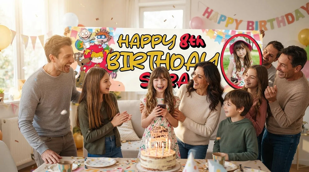 Friends and family celebrating with the personalised Rugrats Birthday Banner