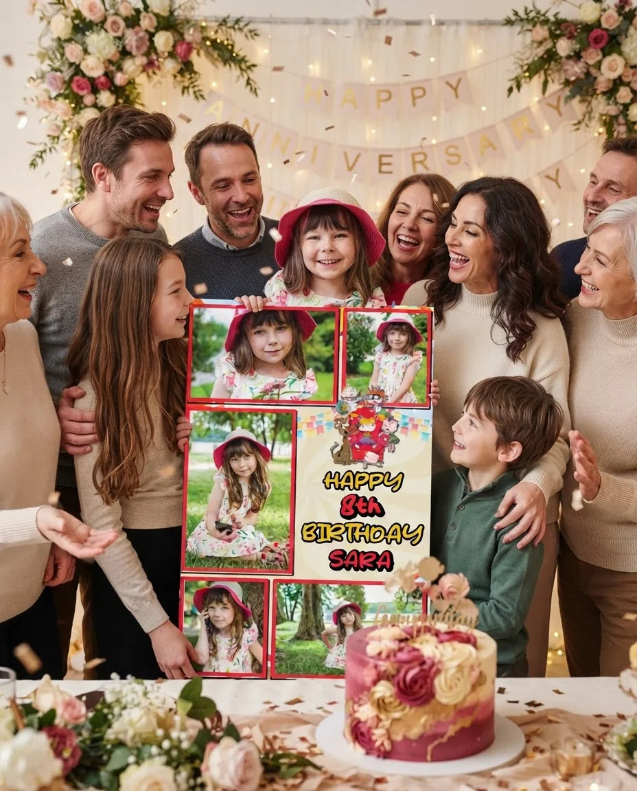 Friends and family celebrating with the personalised Rugrats Mega Card