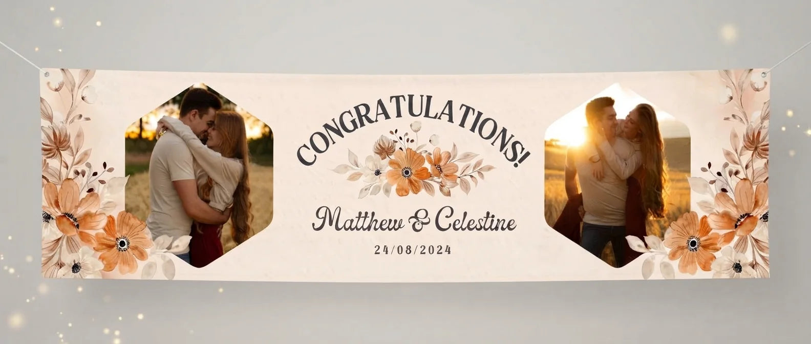 Personalised Rustic Floral Theme Wedding Banner displayed against a plain studio background