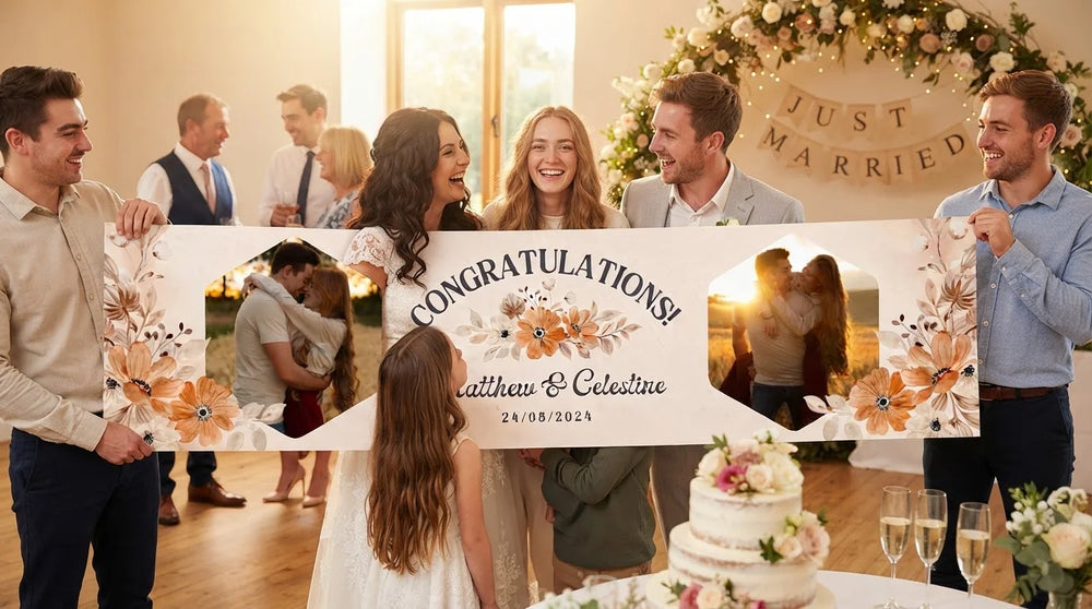 Friends and family celebrating with the personalised Rustic Floral Theme Wedding Banner