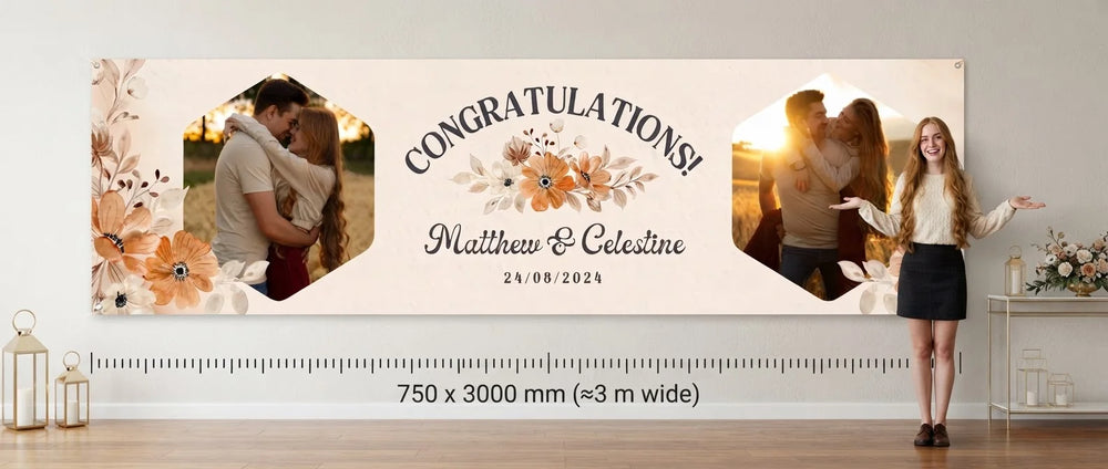 Person standing beside the Rustic Floral Theme Wedding Banner for scale, with size guide showing 750 x 3000 mm