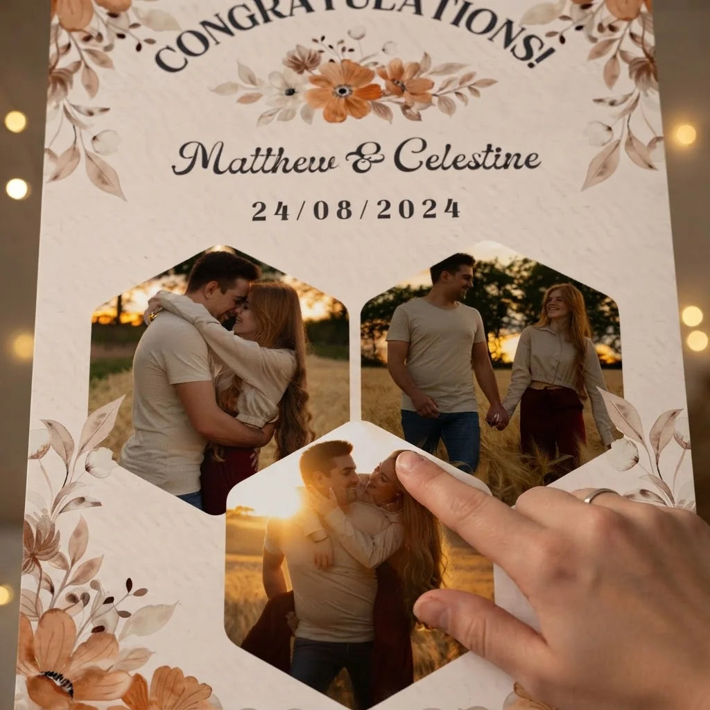Close-up of the personalised name and photo printed on the Rustic Floral Theme Wedding Mega Card