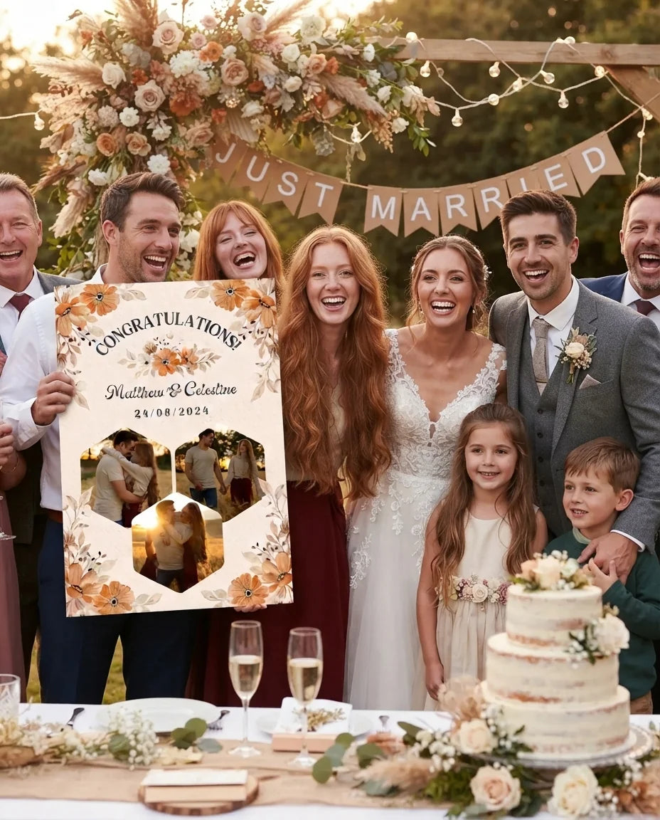 Friends and family celebrating with the personalised Rustic Floral Theme Wedding Mega Card