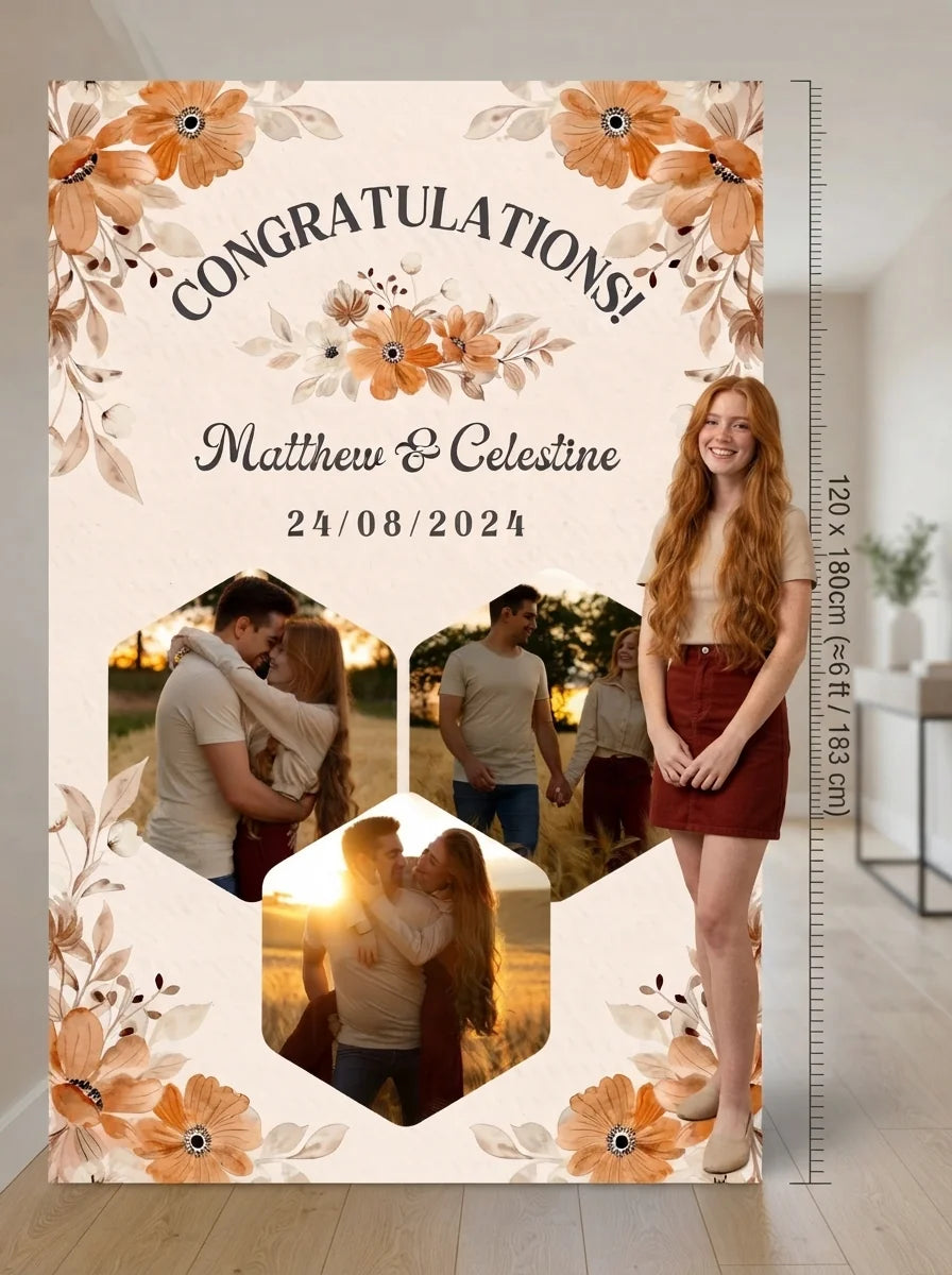 Person standing beside the Rustic Floral Theme Wedding Mega Card for scale in a size guide
