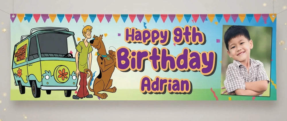 Personalised Scooby Doo Birthday Banner displayed against a plain studio background