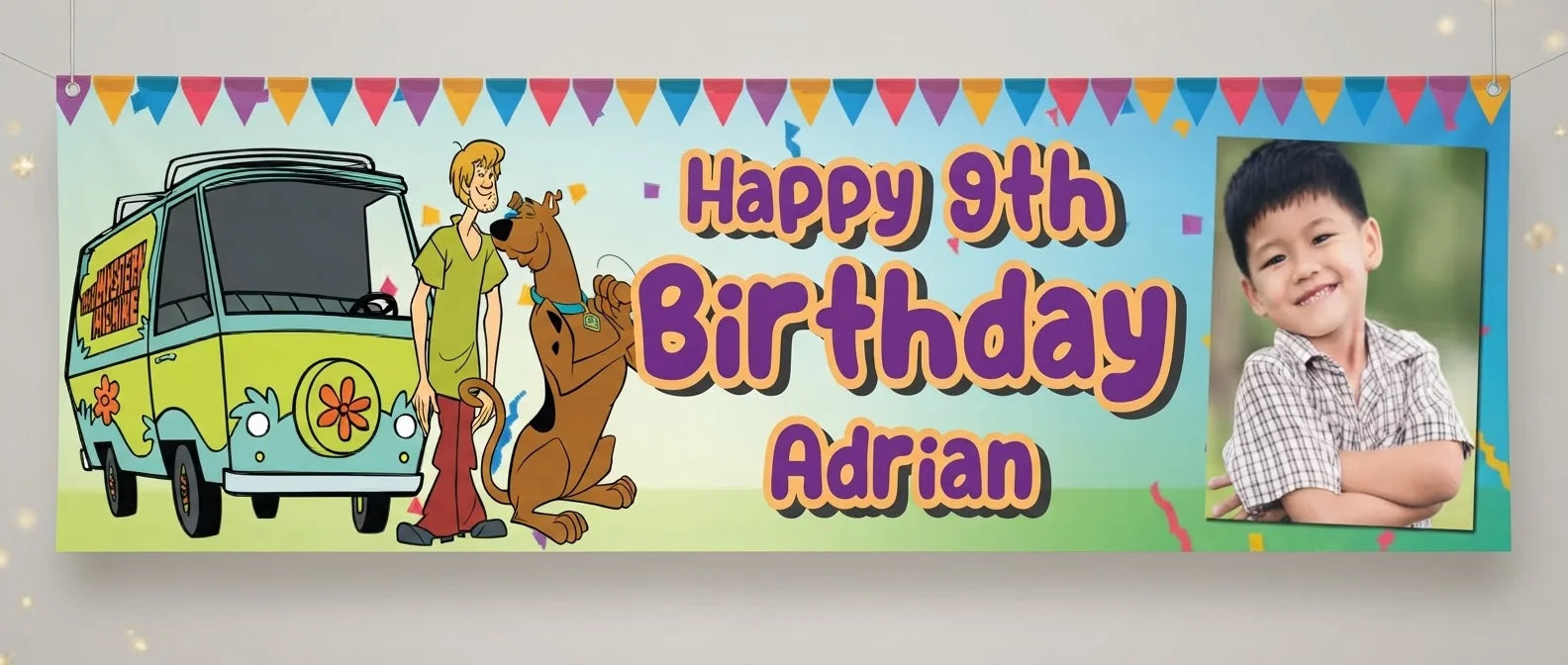 Personalised Scooby Doo Birthday Banner displayed against a plain studio background
