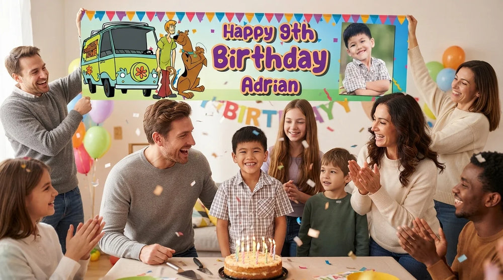 Friends and family celebrating with the personalised Scooby Doo Birthday Banner