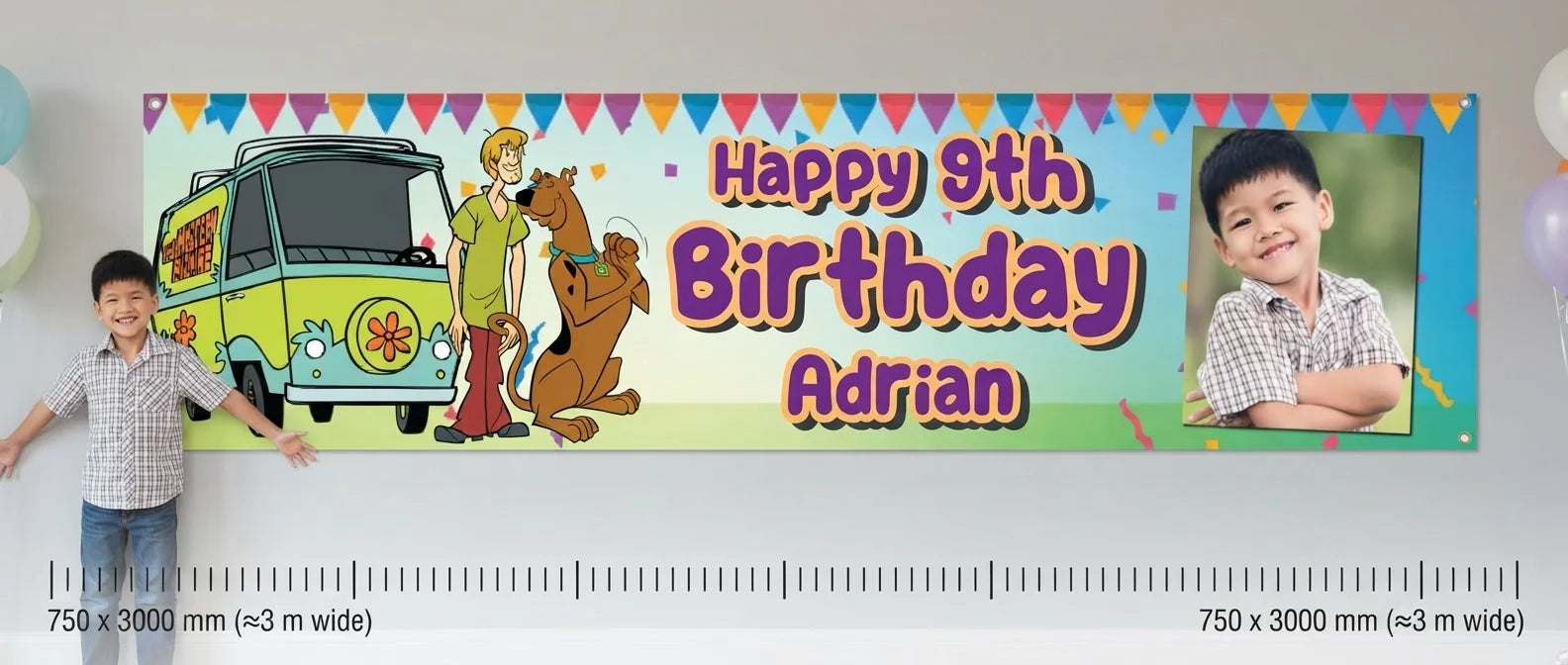 Person standing beside the Scooby Doo Birthday Banner for scale, with size guide showing 750 x 3000 mm