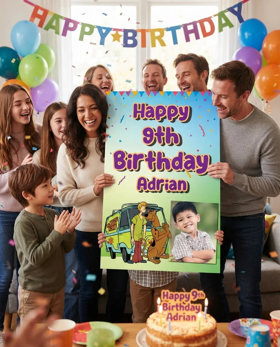 Friends and family celebrating with the personalised Scooby Doo Mega Card