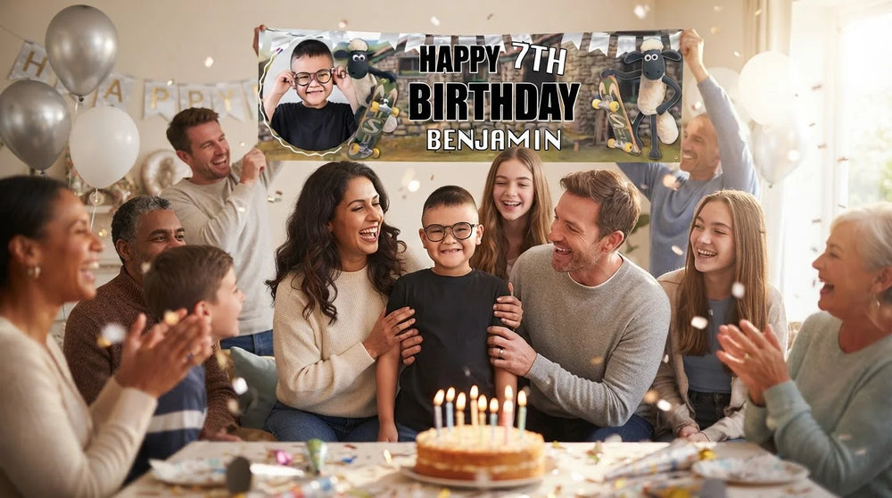 Friends and family celebrating with the personalised Shaun The Sheep Birthday Banner