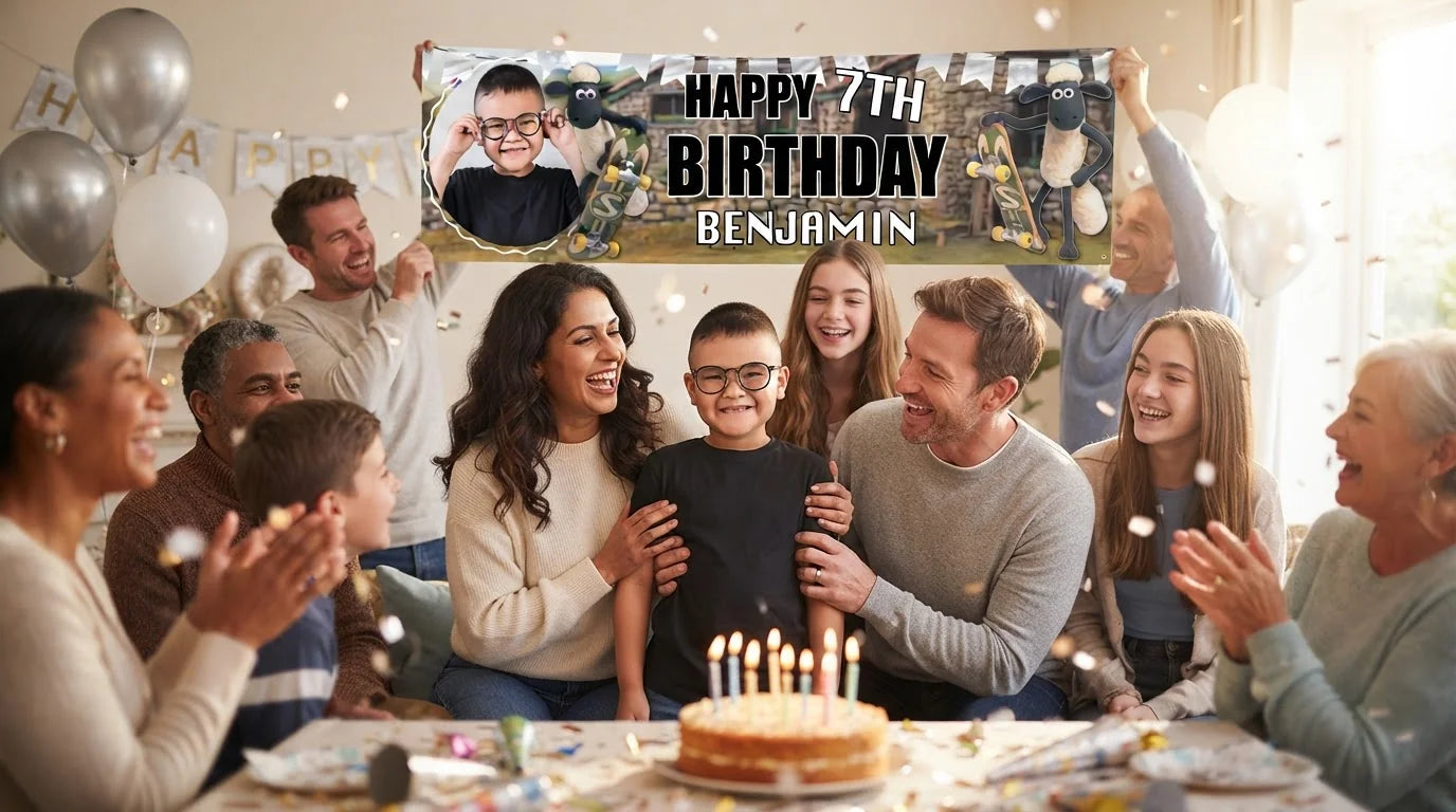 Friends and family celebrating with the personalised Shaun The Sheep Birthday Banner