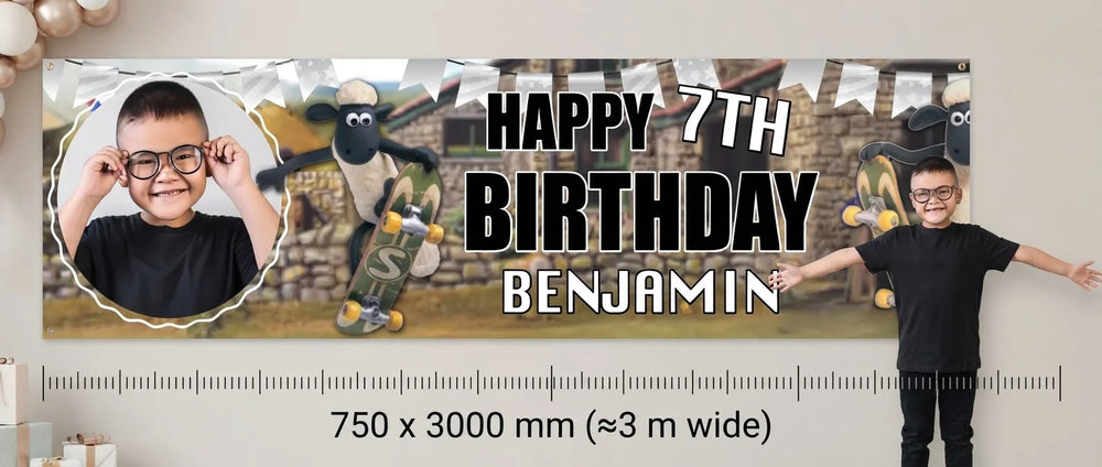 Person standing beside the Shaun The Sheep Birthday Banner for scale, with size guide showing 750 x 3000 mm
