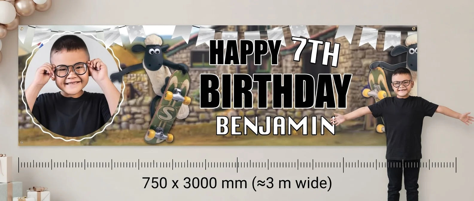 Person standing beside the Shaun The Sheep Birthday Banner for scale, with size guide showing 750 x 3000 mm
