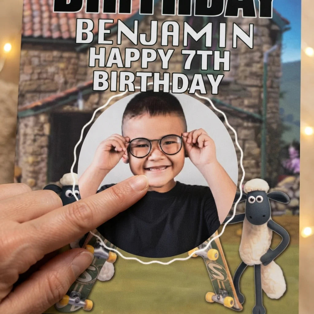 Close-up of the personalised name and photo printed on the Shaun The Sheep Mega Card