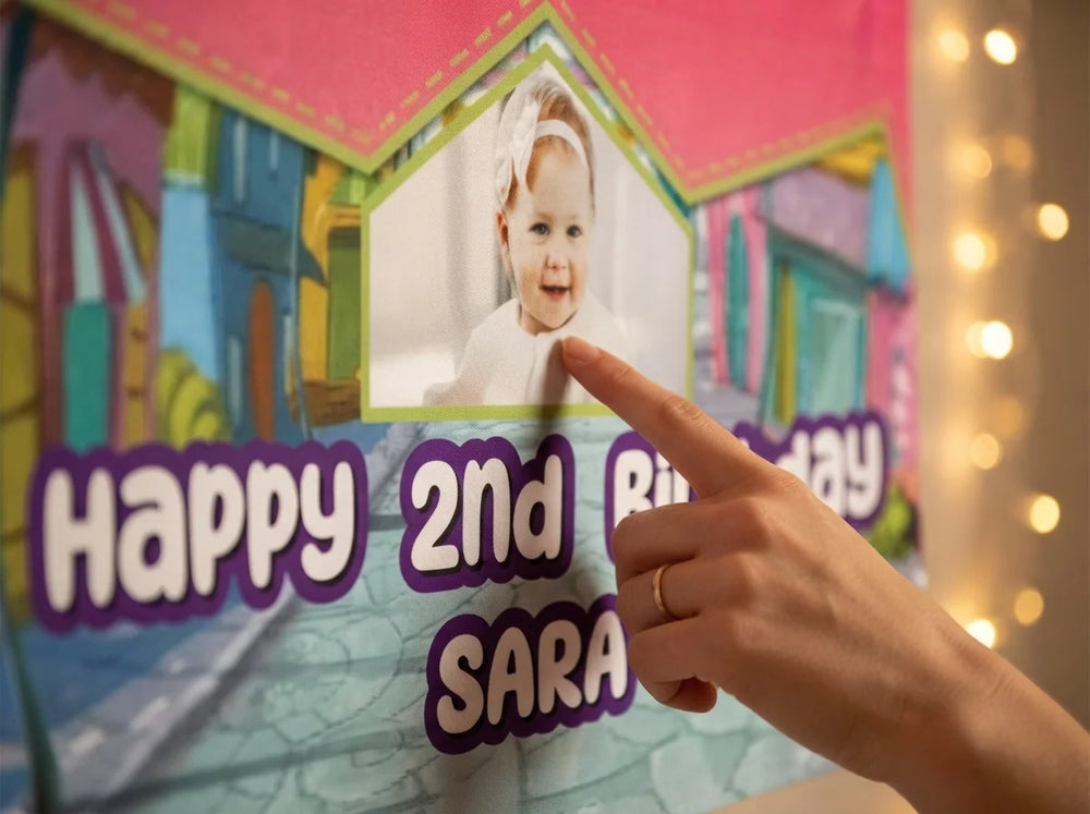 Close-up of the personalised name and photo printed on the Shopkins Birthday Banner